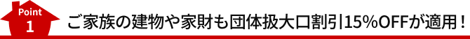 Point1 ご家族の建物や家財も団体扱大口割引15％OFFが適用！