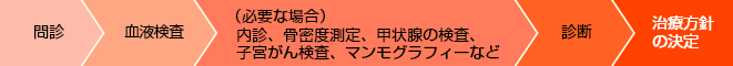 1.問診　2.血液検査　3.（必要な場合）内診、骨密度測定、甲状腺の検査、子宮がん検査、マンモグラフィーなど　4.診断　5.治療方針の決定