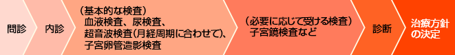 1.問診　2.内診　3.（基本的な検査）血液検査、尿検査、超音波検査（月経周期に合わせて）、子宮卵管造影検査　4.（必要に応じて受ける検査）子宮鏡検査など　5.診断　6.治療方針の決定