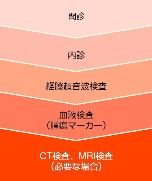 1.問診　2.内診　3.経膣超音波検査　4.血液検査（腫瘍マーカー）　5.CT検査、MRI検査（必要な場合）