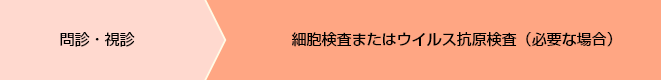 1.問診・視診　2.細胞検査またはウイルス抗原検査（必要な場合）